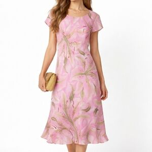 Vintage MAGGY LONDON Ruffle Hem Midi Dress Cap Sleeve Lily Floral Pink Size 14